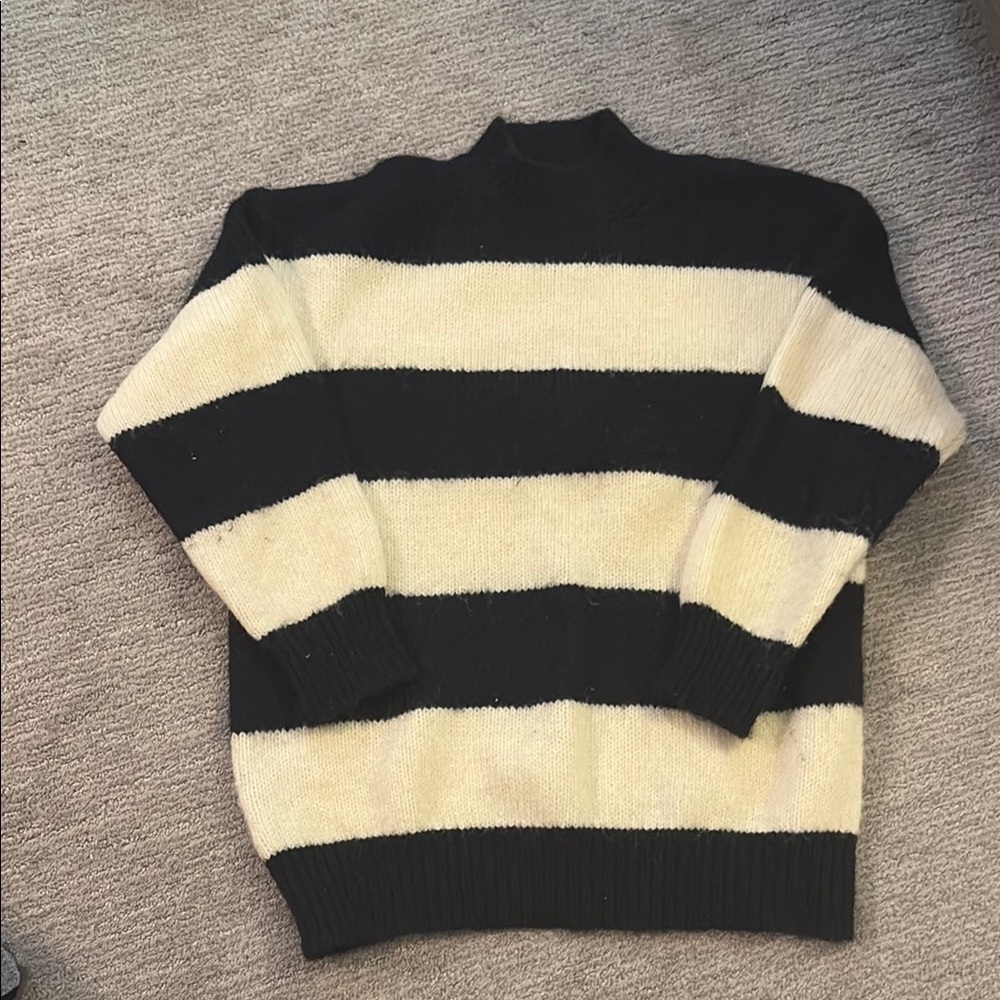 Mango Black and Cream Crewneck Sweater with Bold Stripes